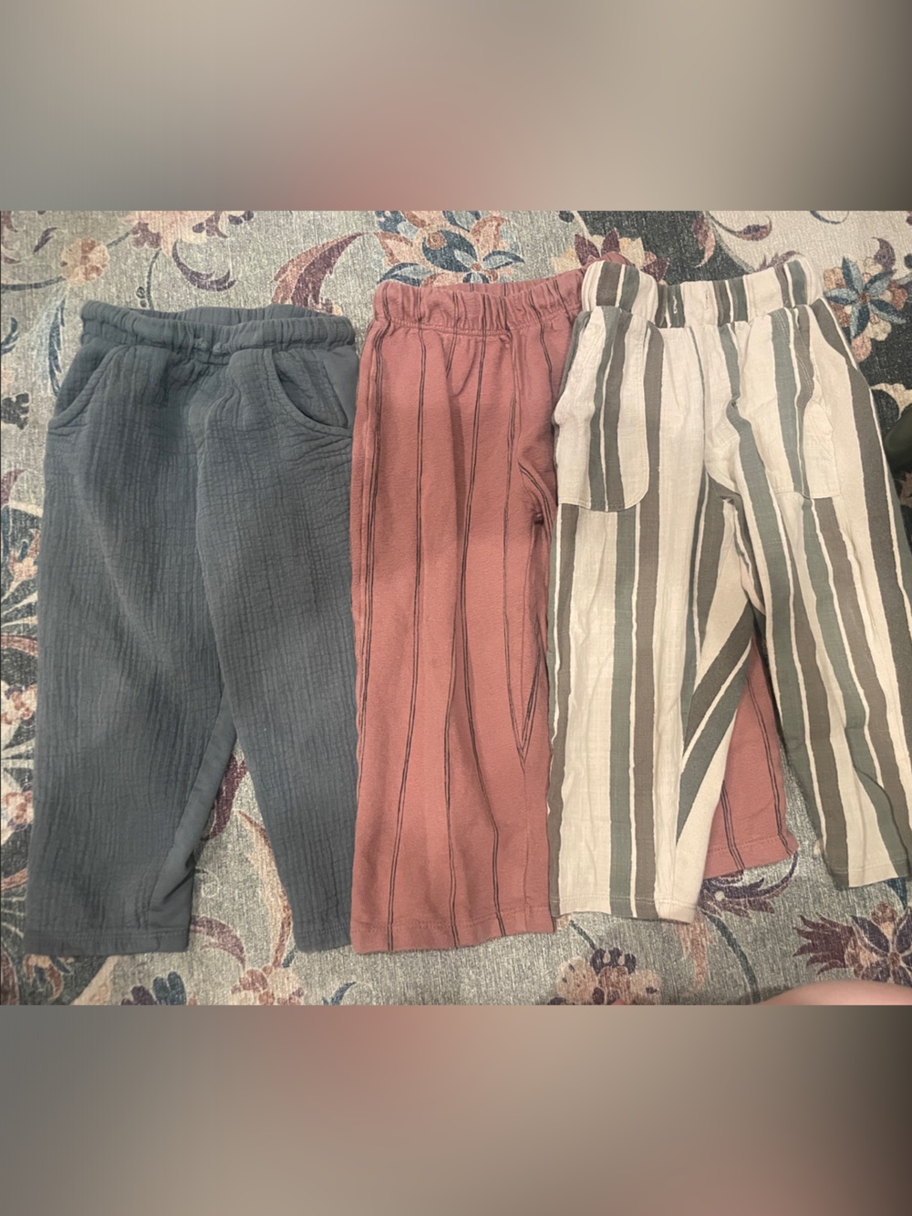 Three Zara Wide-Leg Pants Set - Slate Blue, Terracotta, Striped Beige